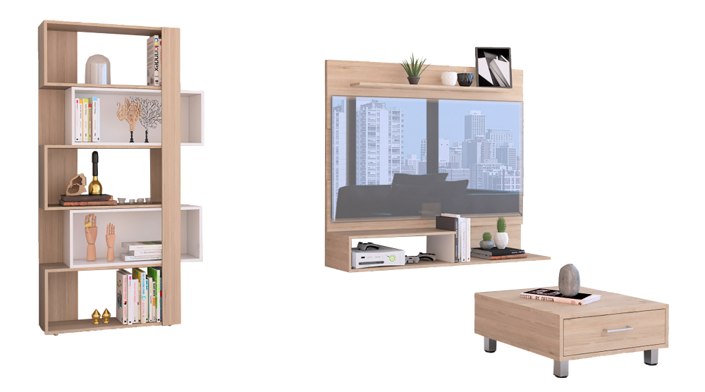 Panel TV + Biblioteca Cubo + Mesa de Centro Color Rovere Para Sala De Estar